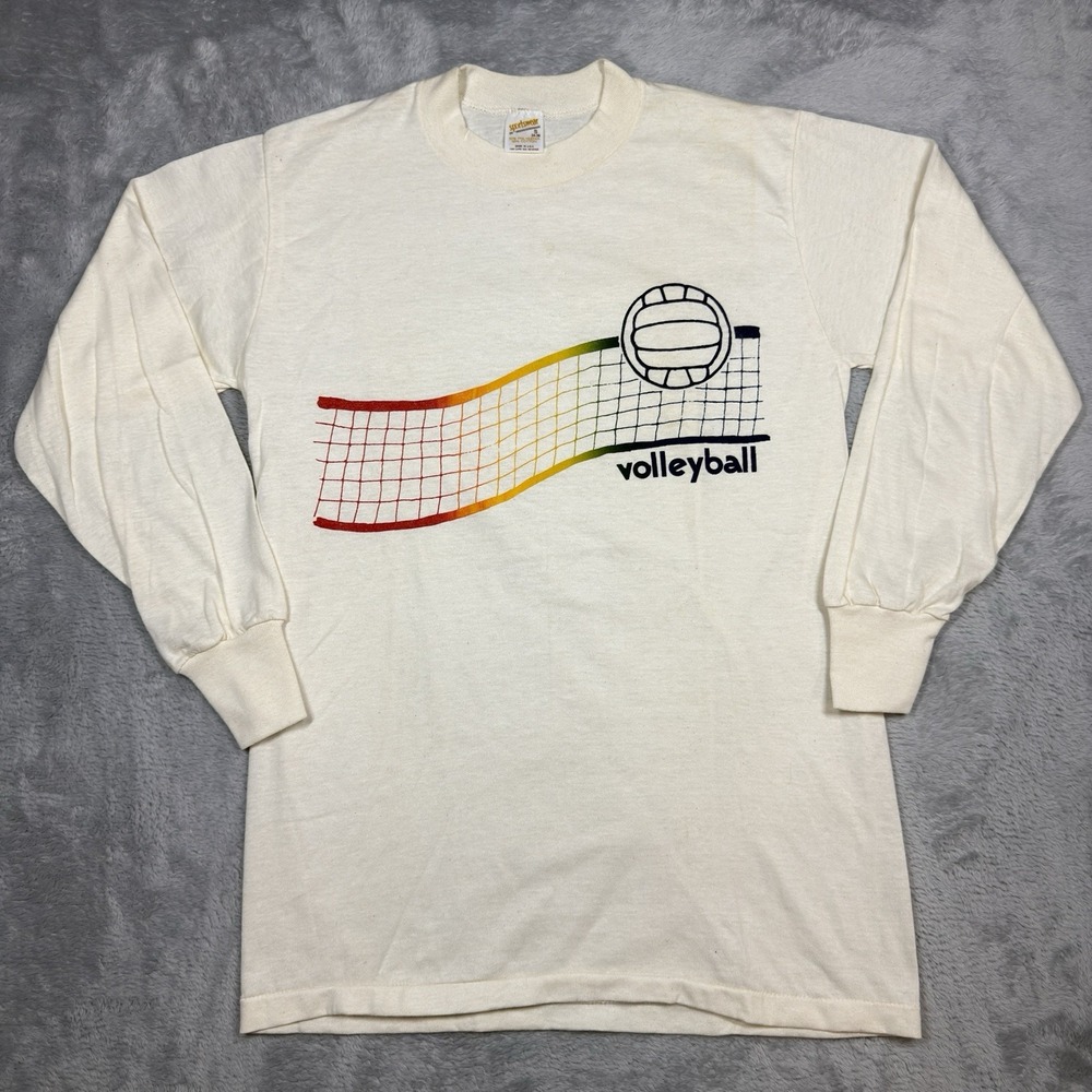 Vintage Sportswear Long Sleeve Shirt Small Ivory Volleyball Graphic 70s NOS READ